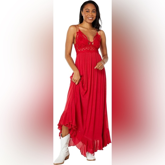 Cherry Red Free People Boho Asymmetrical Adella Maxi Slip - XS - Picture 2 of 7